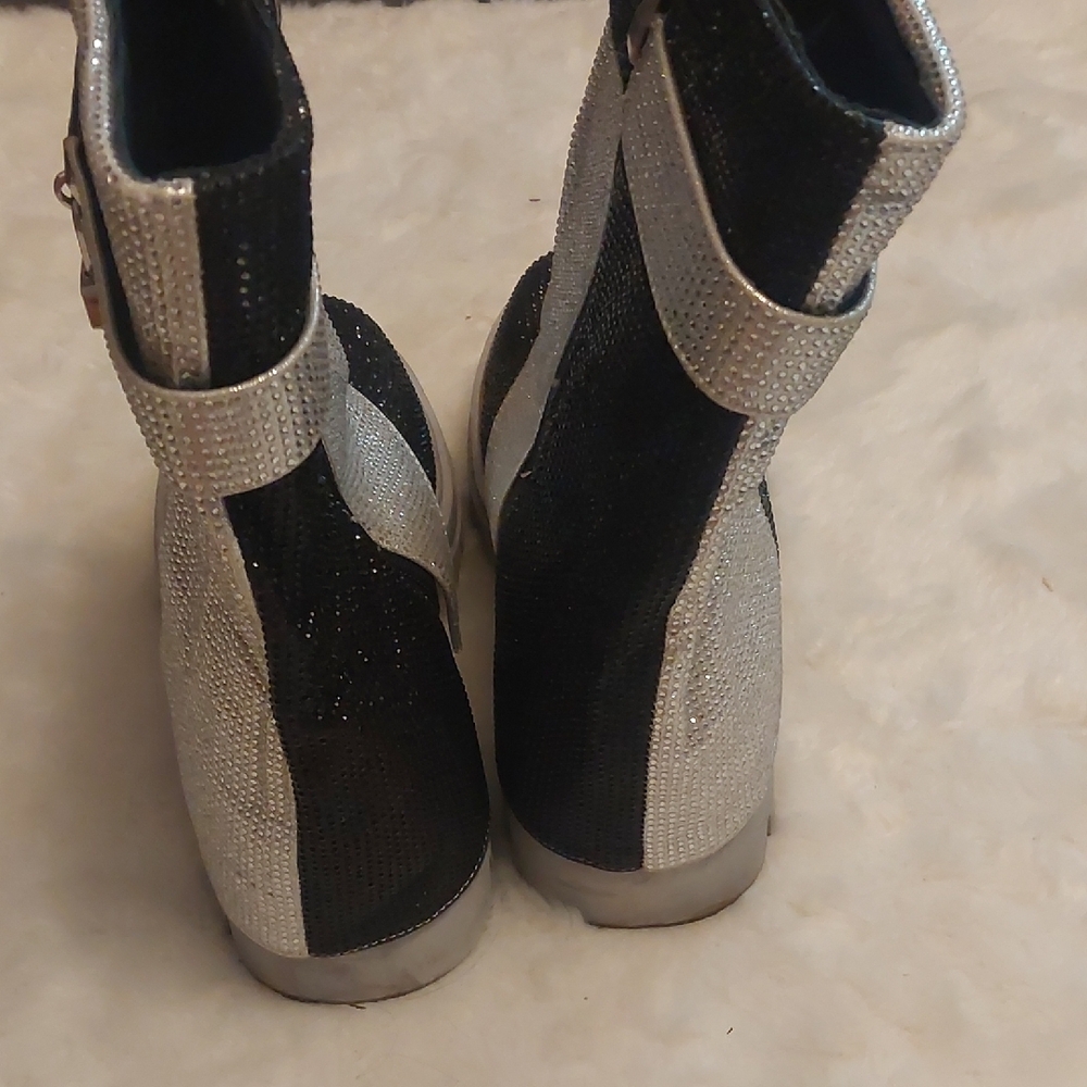 Silver Black Rhinestone Patchwork Mid-Calf Fold O… - image 7